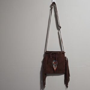 Artisana Fordana Brown Fringe Soft Suede Leather  Crossbody Bag With Beads Deco